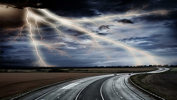 fulmine, tempesta, tempo, autostrada, strada, campo, elementi, asfalto, via, Sfondo HD