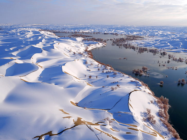 desert, snow, China, river, sky, horizon, HD wallpaper