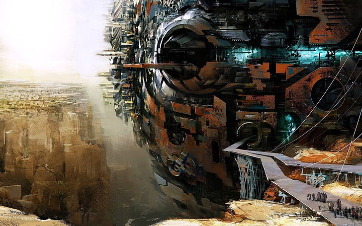 коричнево-серый космический корабль, цифровые обои, концепт-арт, Guild Wars 2, научная фантастика, произведения искусства, машина, каньон, Даниэль Докю, HD обои
