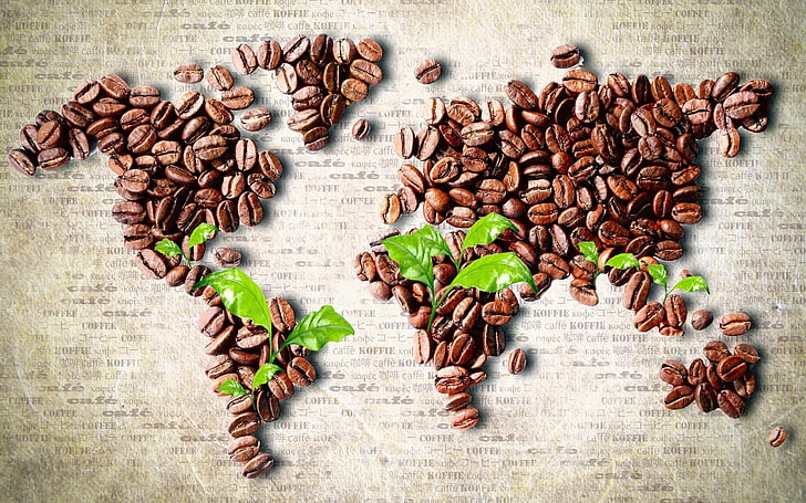 kaffebönor världskarta konstverk, kaffebönor, världskarta, löv, kaffe, HD tapet