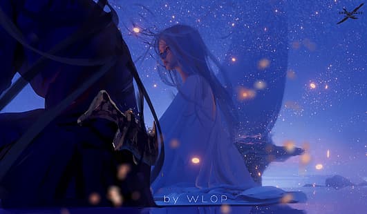  night, lights, elf, princess, Ghost Blade, by Wlop, HD wallpaper HD wallpaper