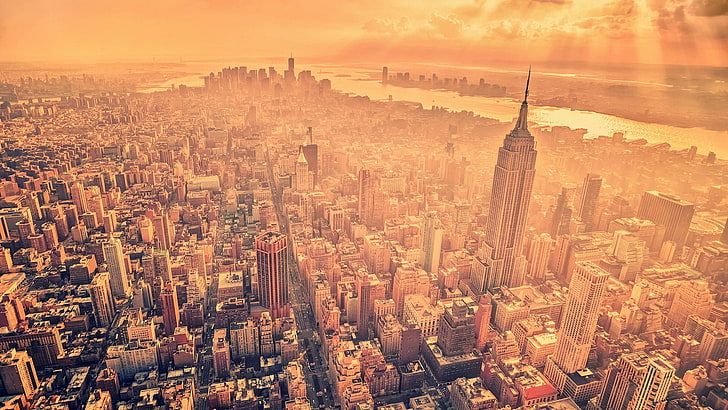 tapis marron et noir, paysage urbain, bâtiment, New York City, brume, nuages, Fond d'écran HD