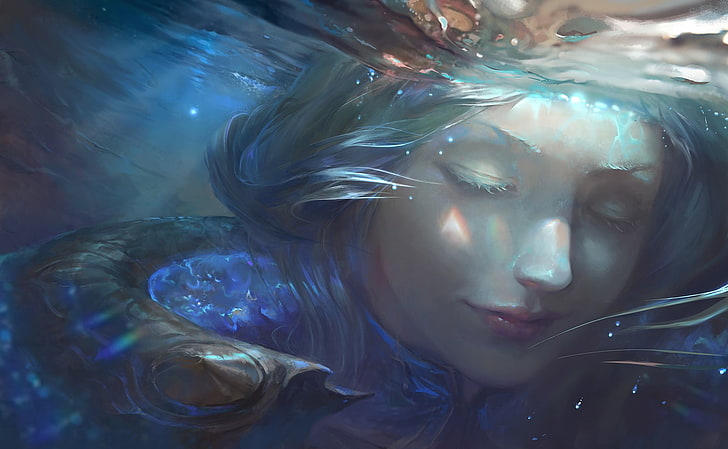 امرأة ذات شعر أزرق مخضر ، لوحة تحت الماء ، فن خيالي ، سحر ، لوكس (League of Legends)، خلفية HD