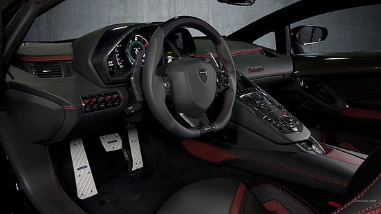 черен волан за кола, Lamborghini Aventador, кола, HD тапет HD wallpaper