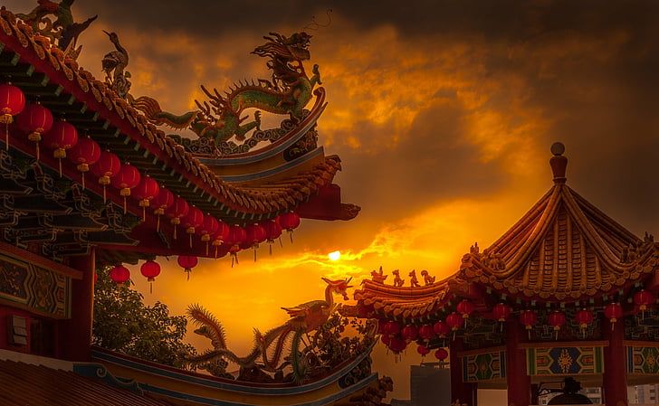 Fotografia, Zachód słońca, Chińska Świątynia, Malezja, Pagoda, Świątynia, Tapety HD