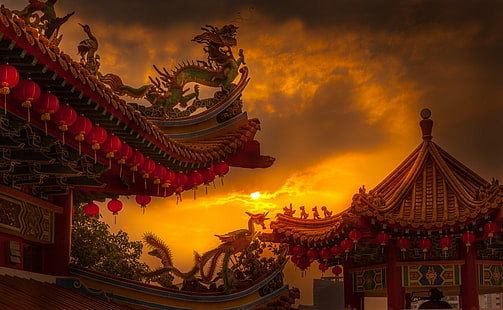 Photography, Sunset, Chinese Temple, Malaysia, Pagoda, Temple, HD wallpaper HD wallpaper