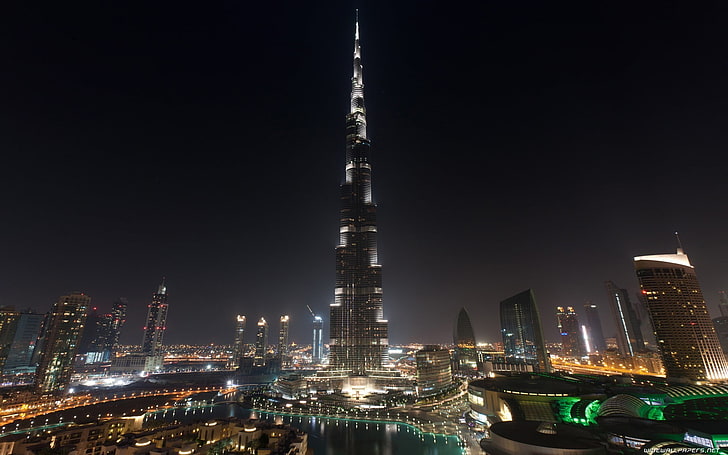 Дубай, небоскреб, городской пейзаж, ночь, HD обои