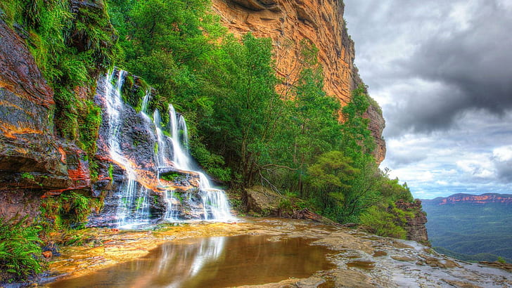 Falls In Blue Mountain Np Australia Hdr, trees, mpuntain, falls, nature and landscapes, HD wallpaper