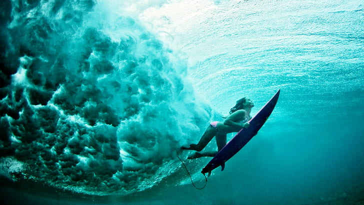 жените водят подводно сърфиране спортни морски вълни, HD тапет