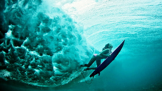 女性水水中サーフィンスポーツ海波、 HDデスクトップの壁紙 HD wallpaper