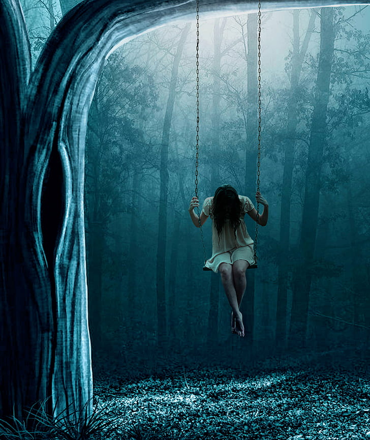 woman on a swing looking down painting, Depression, woman, swing, looking down, painting, young  girl, woods, trees, lonely, mood, atmosphere, blue, sadness, women, females, beautiful, nature, people, one Person, HD wallpaper