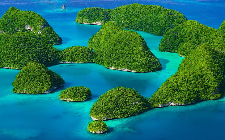 зелени острови, остров, тропически, Индонезия, плаж, море, гора, варовик, тюркоаз, зелен, екзотичен, лято, природа, пейзаж, HD тапет
