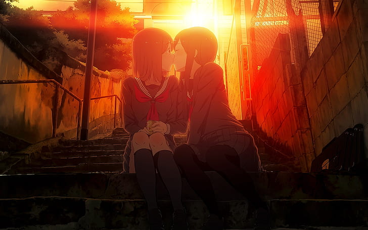 sunset cityscapes school uniforms lesbians skirts kissing yuri socks stairways thigh highs anime clo Nature Sunsets HD Art , sunset, kissing, cityscapes, school uniforms, skirts, lesbians, HD wallpaper