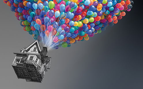 Färgglada ballonger och hus, grå hus och ballonger illustration, konst och kreativa,, färgglada, hus, ballong, HD tapet HD wallpaper