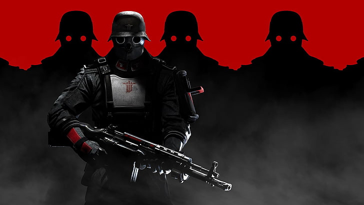 мужчина держит винтовку с цифровыми обоями, Wolfenstein: The New Order, видеоигры, HD обои