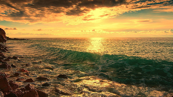 beach, sea, sunlight, clouds, horizon, HD wallpaper