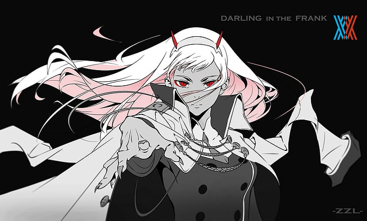 Anime, Anime Girls, Darling im FranXX, Zero Two (Darling im FranXX), selektive Färbung, rote Augen, einfacher Hintergrund, HD-Hintergrundbild