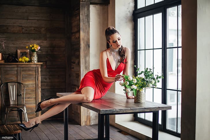 girl, decoration, flowers, pose, style, model, shoes, legs, red dress, necklace, on the table, Maksim Chuprin, DISHA Shemetova, HD wallpaper