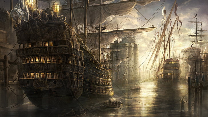 brown ship painting, Empire: Total War, artwork, video games, ship, HD wallpaper