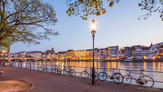 Rhein in der Abenddämmerung, Basel, Schweiz, Europa, HD-Hintergrundbild HD wallpaper