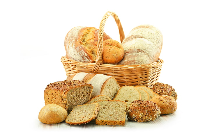 bunch of breads, basket, bread, cakes, buns, chunks, baton, HD wallpaper