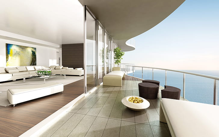 Białe luksusowe wnętrze, salon, sofa, morze, woda, pokój, hotel, Tapety HD