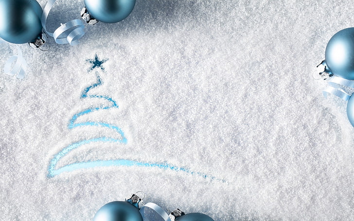blaue Kugeln Ornamente, Neujahr, Schnee, Weihnachtsschmuck, Band, HD-Hintergrundbild
