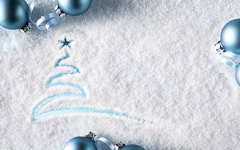 블루 싸구려 장식품, 새해, 눈, 크리스마스 장식품, 리본, HD 배경 화면 HD wallpaper