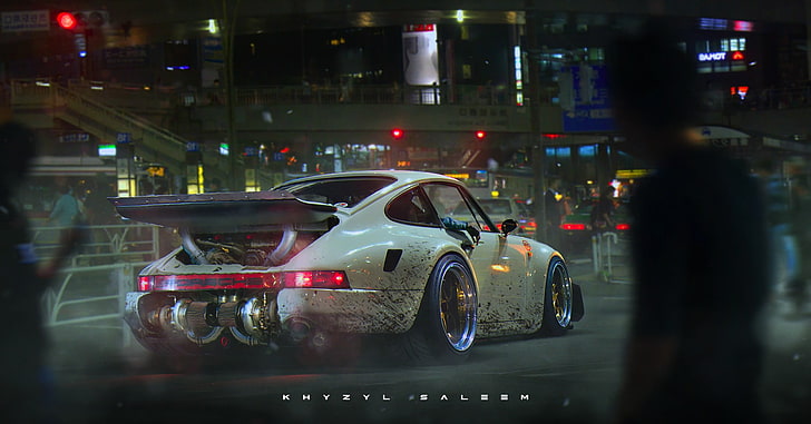 mobil sport putih dengan hamparan teks, Khyzyl Saleem, mobil, Porsche 911 Turbo, Porsche, twin-turbo, karya seni, render, Wallpaper HD