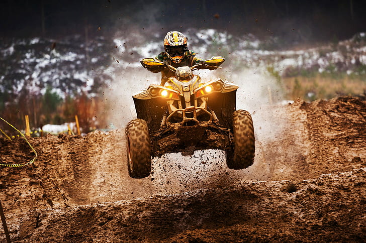 Quadricycle, ATV, sports, quad bike, quadricycle, ATV, rider, racer, gear, helmet, concentration, goal, speed, Country, cross country, race, mud, rain, off-road, jump, overcoming, obstacles, ., HD wallpaper