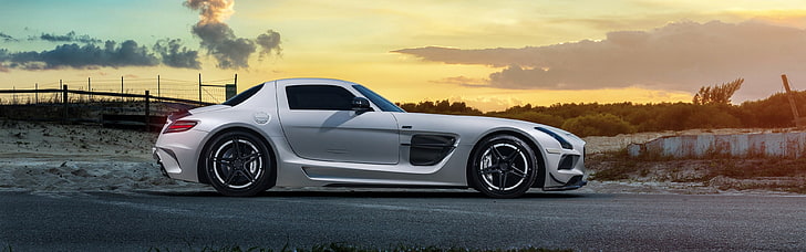 white sports car, Mercedes-Benz SLS AMG, car, sunset, multiple display, dual monitors, HD wallpaper