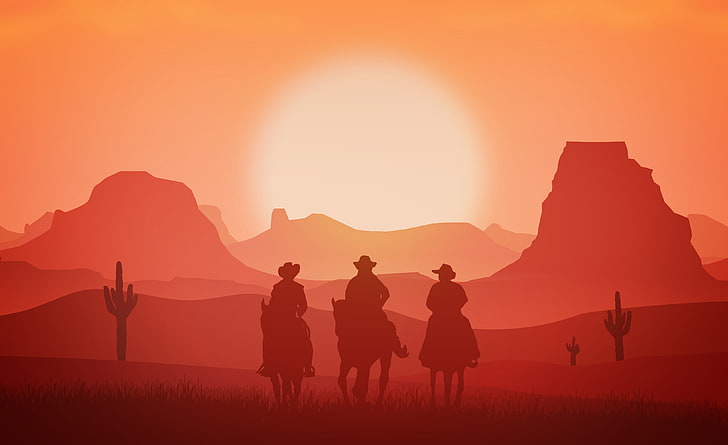 western, cowboys, paysage, hommes, cheval, équitation, coucher de soleil, artwork, Fond d'écran HD