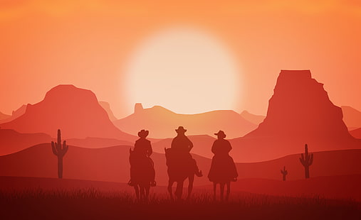 western, cowboys, paysage, hommes, cheval, équitation, coucher de soleil, artwork, Fond d'écran HD HD wallpaper