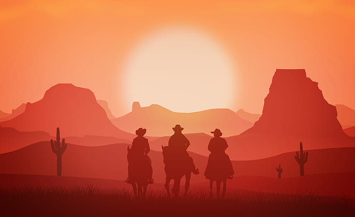 Oeste Selvagem, Vaqueiros, Cavalos, Pôr do sol, Ocidental, 4K, HD papel de parede