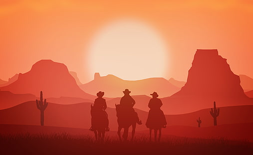 Oeste Selvagem, Vaqueiros, Cavalos, Pôr do sol, Ocidental, 4K, HD papel de parede HD wallpaper