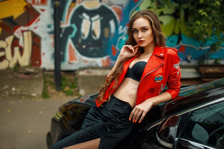 machine, auto, look, girl, pose, skirt, the cut, jacket, long hair, Dmitry Filatov, HD wallpaper