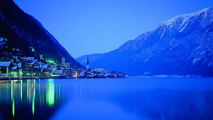 montagnes, villages, bleu, hiver, eau, nuit, lac, montagnes, villages, bleu, hiver, eau, nuit, lac, Fond d'écran HD