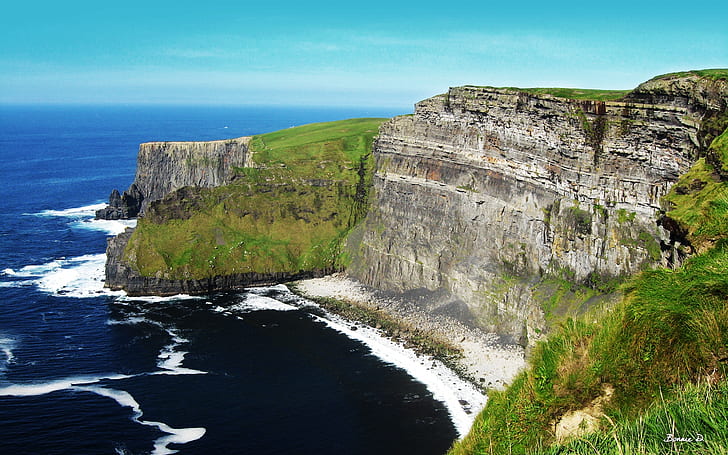 Cliffs Of Moher, beach, blue, canon, canonpowershota570is, cliffs, green, ireland, landscape, nature, ocean, photography, seascape, HD wallpaper