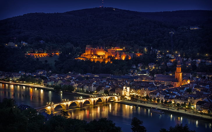 Notte della città, fiume, ponte, case, illuminazione, Heidelberg, Germania, Città, notte, fiume, ponte, case, illuminazione, Heidelberg, Germania, Sfondo HD