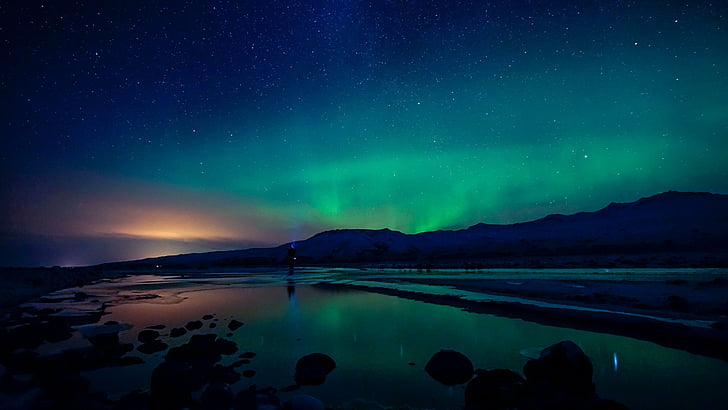 северное сияние, ночные огни, ночное небо, звездная ночь, каньон markarfljotsgljufur, исландия, горизонт, пространство, отражение, каньон, природа, арктика, пейзаж, ночь, освещение, явление, атмосфера земли, небо, атмосфера, северное сияние, HD обои
