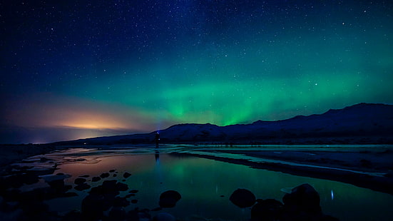 северное сияние, ночные огни, ночное небо, звездная ночь, каньон markarfljotsgljufur, исландия, горизонт, пространство, отражение, каньон, природа, арктика, пейзаж, ночь, освещение, явление, атмосфера земли, небо, атмосфера, северное сияние, HD обои HD wallpaper