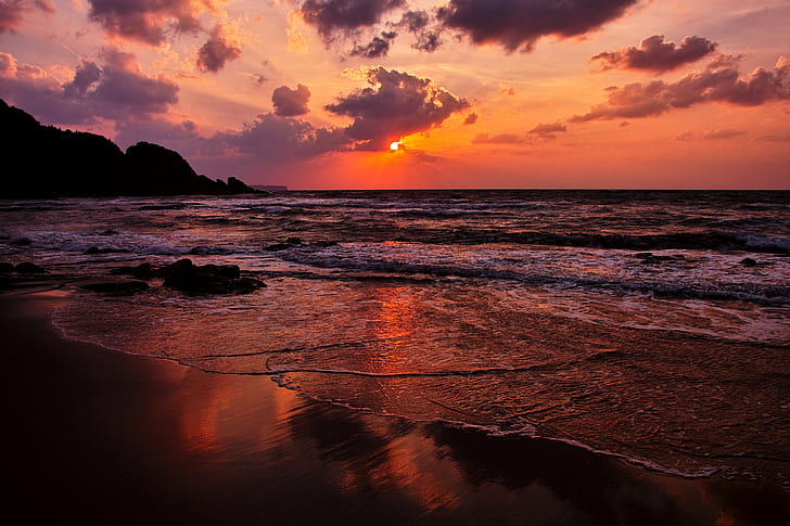 plage, coucher de soleil, mer, vagues, eau, sable, paysage, Fond d'écran HD