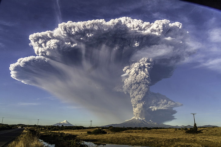 gray mushroom cloud, Calbuco Volcano, volcano, eruptions, Chile, field, road, lava, mountains, snowy peak, smoke, nature, landscape, Puerto Montt, UFOs, dust, HD wallpaper