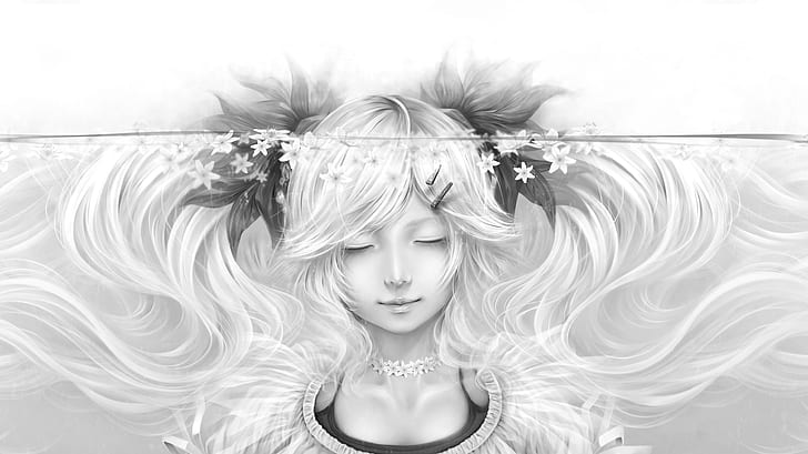 air, gadis anime, mata tertutup, bunga, tersenyum, Wallpaper HD