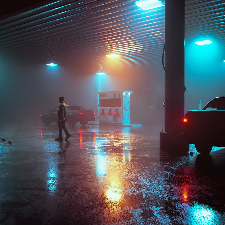 3D, render, Gas station, night, men, HD wallpaper
