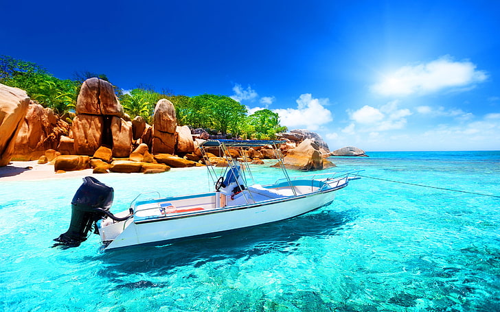 speedboat putih, Seychelles, perahu, laut, alam, Wallpaper HD