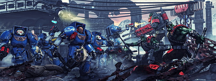 Transformers characters, armor, orcs, warhammer 40k, bolter, space Marines, terminators, Ultramarines, Ultramarines vs Orcs, HD wallpaper