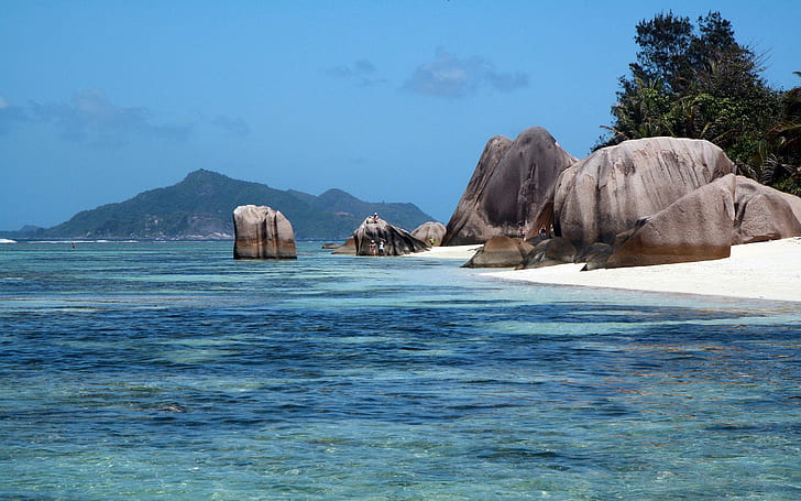 Island Rock La Digue Seychelles, plaża, przyroda, wyspa, skała, Digue, Seszele, Tapety HD