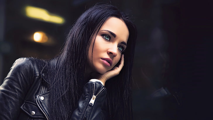 Angelina Petrova, women, model, face, portrait, leather jackets, brunette, long hair, HD wallpaper