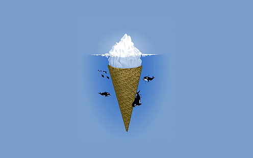 brown ice cream cone illustration, artwork, ice cream, sea, iceberg, simple, minimalism, simple background, blue background, HD wallpaper HD wallpaper